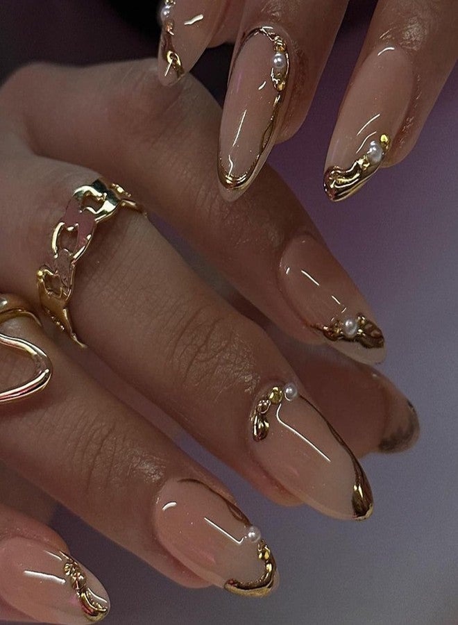 BSBTBZ Chrome Gold Press on Nails Medium Almond Stick on Nails Gold French Tip Fake Nails 3D Gilded False Nails with Pearls Rhinestones Designs Acrylic Nails for Women DIY Manicure Charms Decor Supply 24Pcs - Image 2